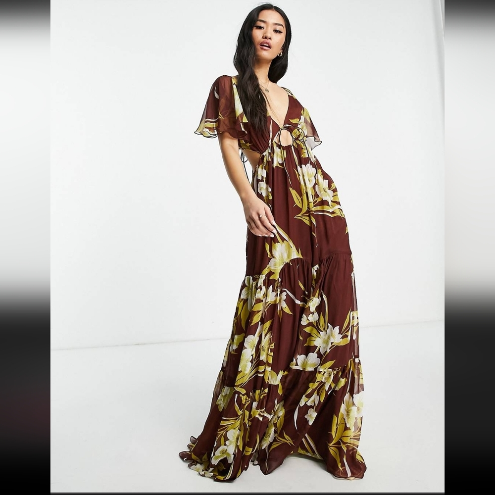 Asos design soft tiered maxi dress with tie front in large scale floral